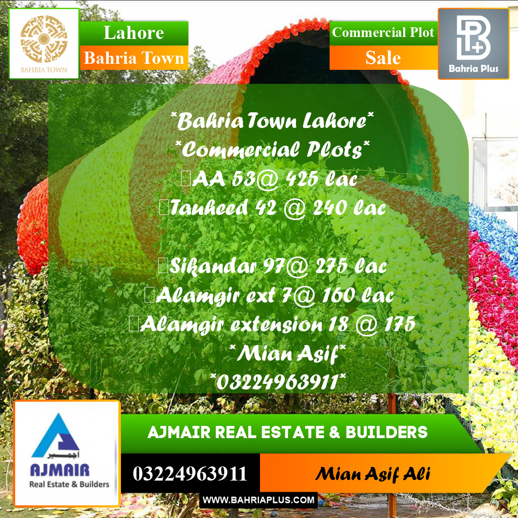 Commercial Plot for Sale in Sector F - Tauheed Commercial -  Bahria Town, Lahore - (BP-170186)