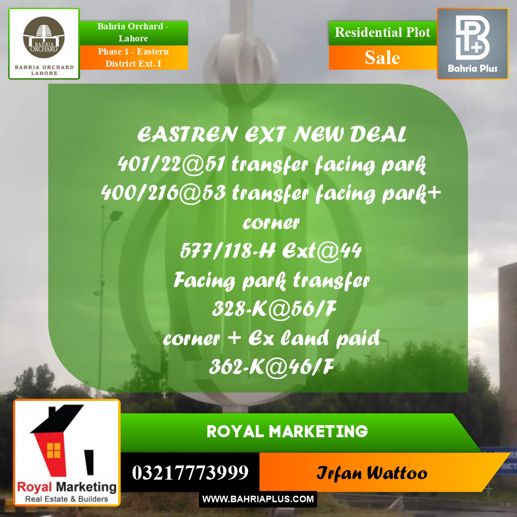 Residential Plot for Sale in Phase 1 - Eastern District Ext. I -  Bahria Orchard, Lahore - (BP-170273)