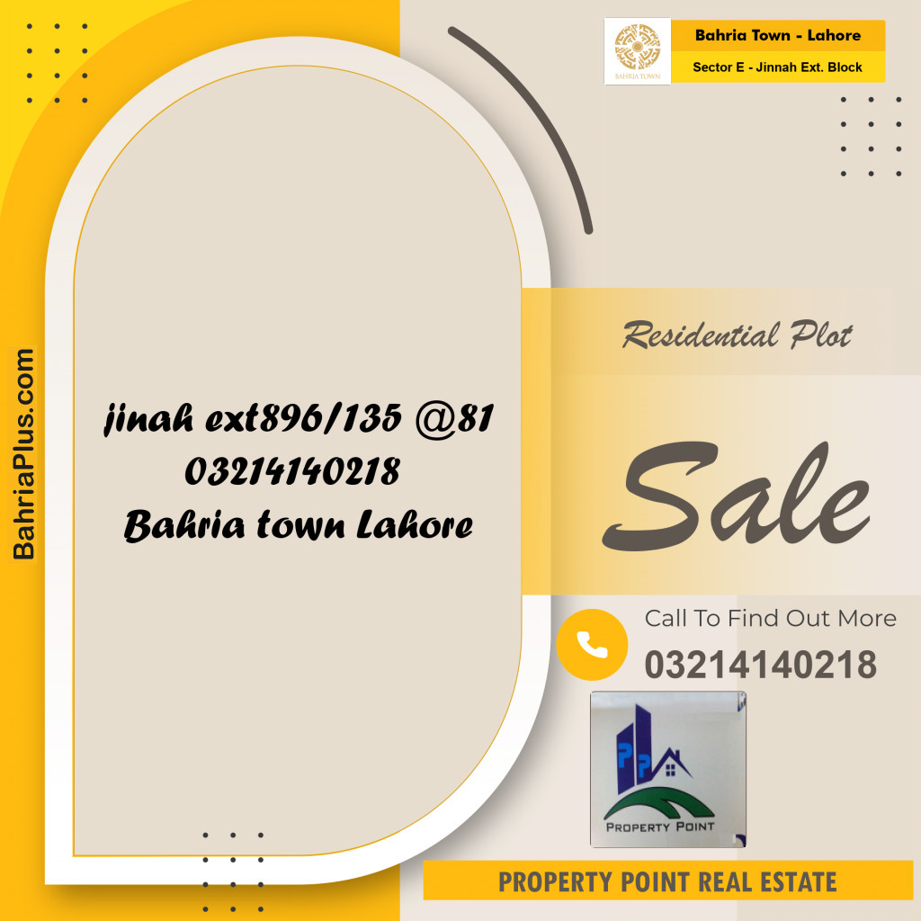 Residential Plot for Sale in Sector E - Jinnah Ext. Block -  Bahria Town, Lahore - (BP-170335)