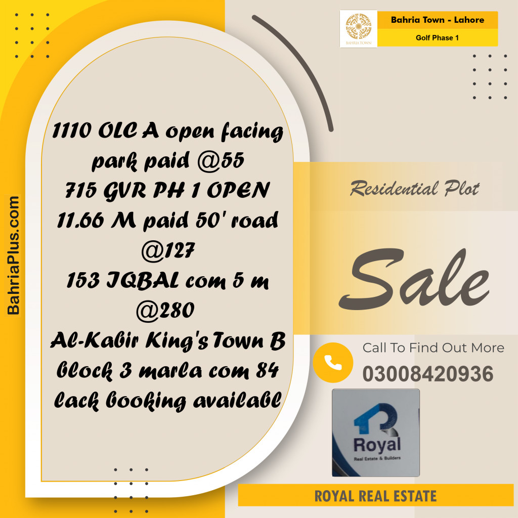 Residential Plot for Sale in Golf Phase 1 -  Bahria Town, Lahore - (BP-170431)