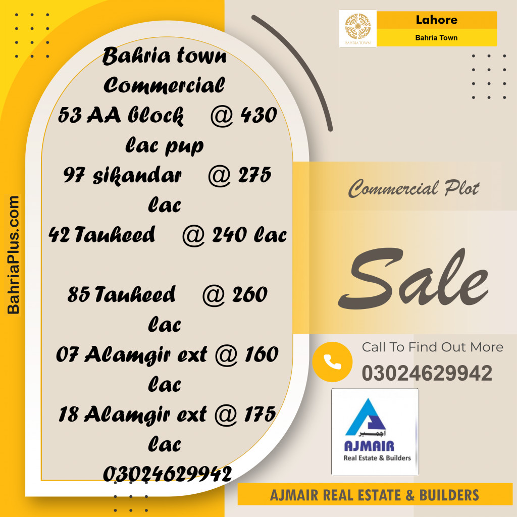 Commercial Plot for Sale in Sector D - AA Block -  Bahria Town, Lahore - (BP-170632)