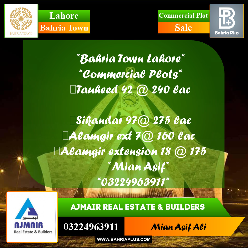 Commercial Plot for Sale in Sector F - Tauheed Block -  Bahria Town, Lahore - (BP-170683)
