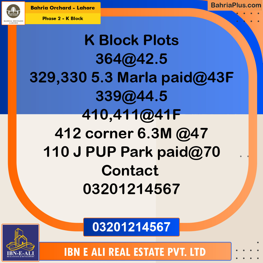 Residential Plot for Sale in Phase 2 - K Block -  Bahria Orchard, Lahore - (BP-170689)