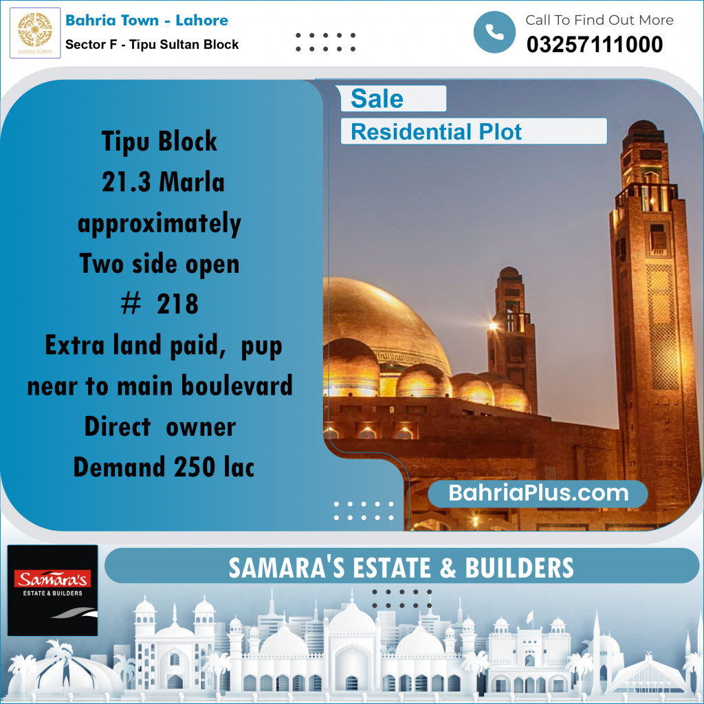Residential Plot for Sale in Sector F - Tipu Sultan Block -  Bahria Town, Lahore - (BP-170775)