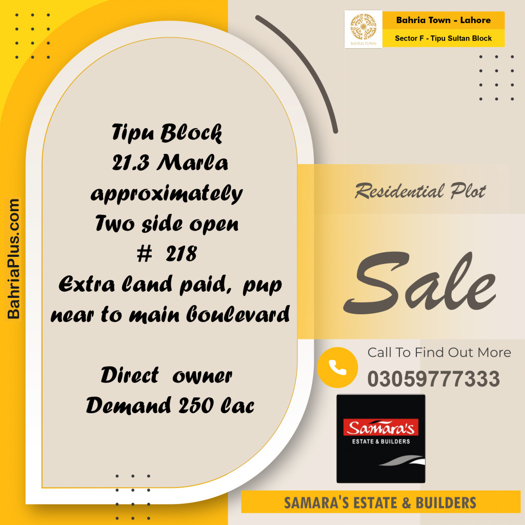 Residential Plot for Sale in Sector F - Tipu Sultan Block -  Bahria Town, Lahore - (BP-170789)