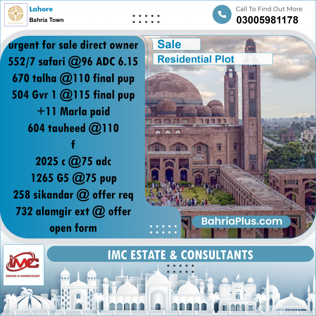 Residential Plot for Sale in Sector B - Safari Villas - Bahria Town, Lahore - (BP-171060)