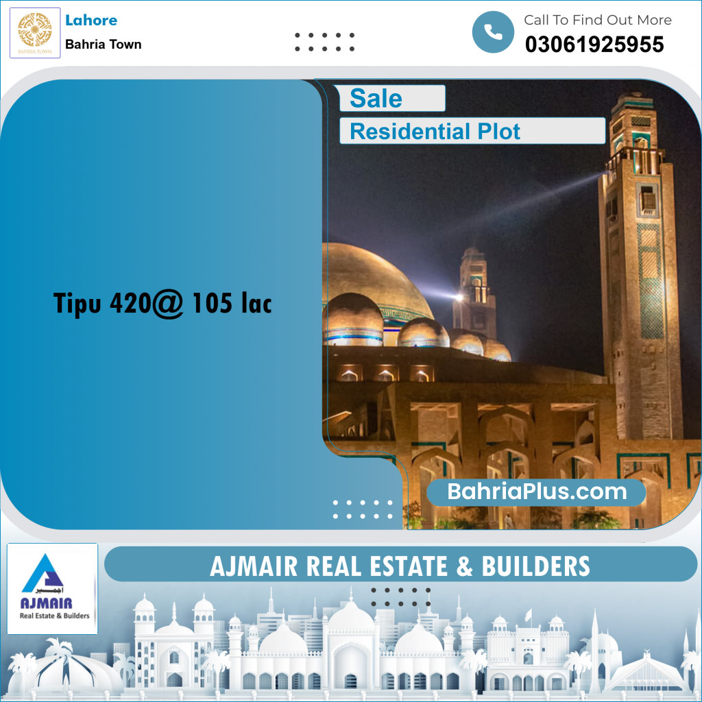 Residential Plot for Sale in Sector F - Tipu Sultan Block -  Bahria Town, Lahore - (BP-171070)