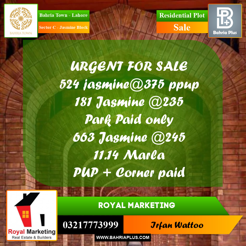Residential Plot for Sale in Sector C - Jasmine Block - Bahria Town, Lahore - (BP-171089)