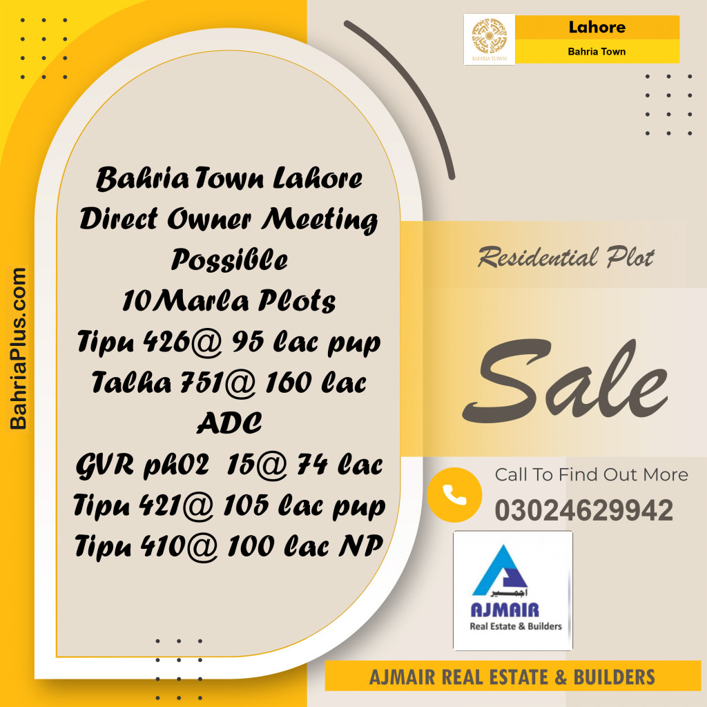 Residential Plot for Sale in Sector F - Tipu Sultan Block -  Bahria Town, Lahore - (BP-171166)