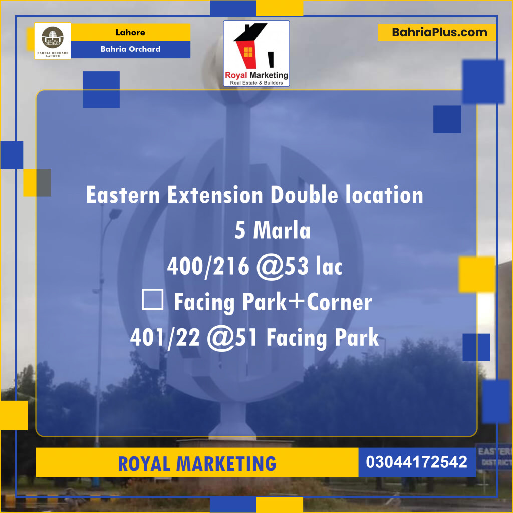 Residential Plot for Sale in Phase 1 - Eastern District Ext. II -  Bahria Orchard, Lahore - (BP-171213)