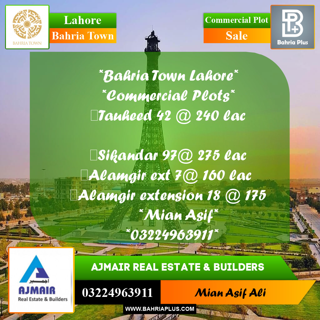 Commercial Plot for Sale in Sector F - Tauheed Block -  Bahria Town, Lahore - (BP-171224)