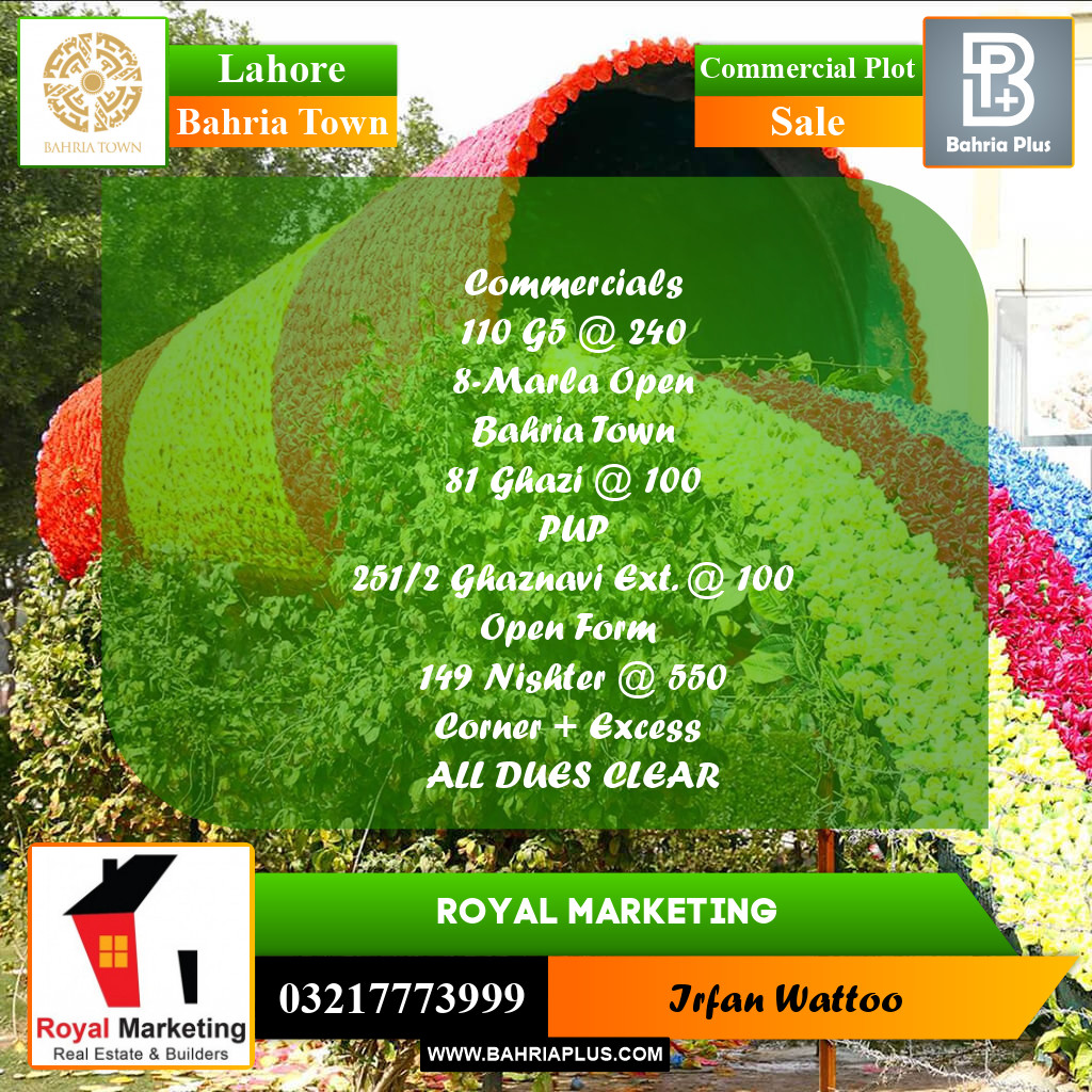 Commercial Plot for Sale in Sector F - Ghazi Block -  Bahria Town, Lahore - (BP-171280)