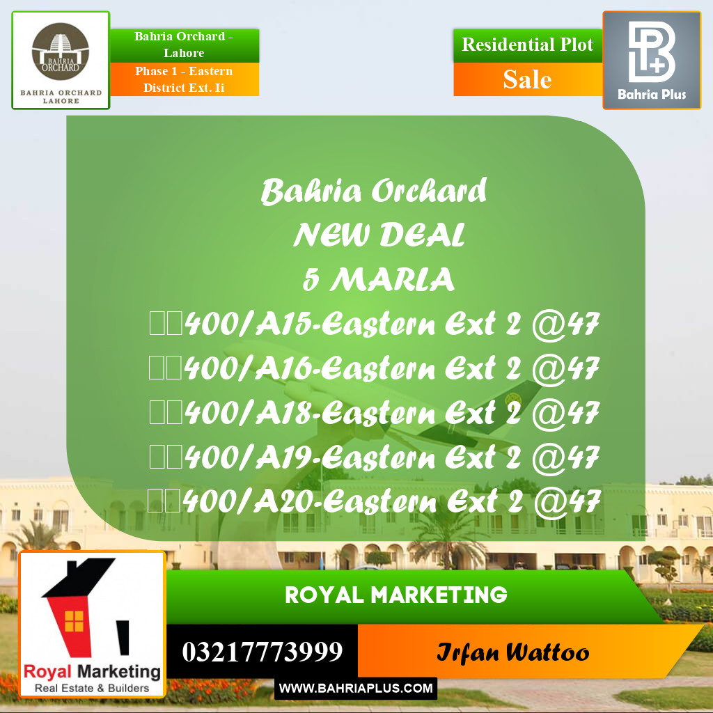 Residential Plot for Sale in Phase 1 - Eastern District Ext. II -  Bahria Orchard, Lahore - (BP-171467)