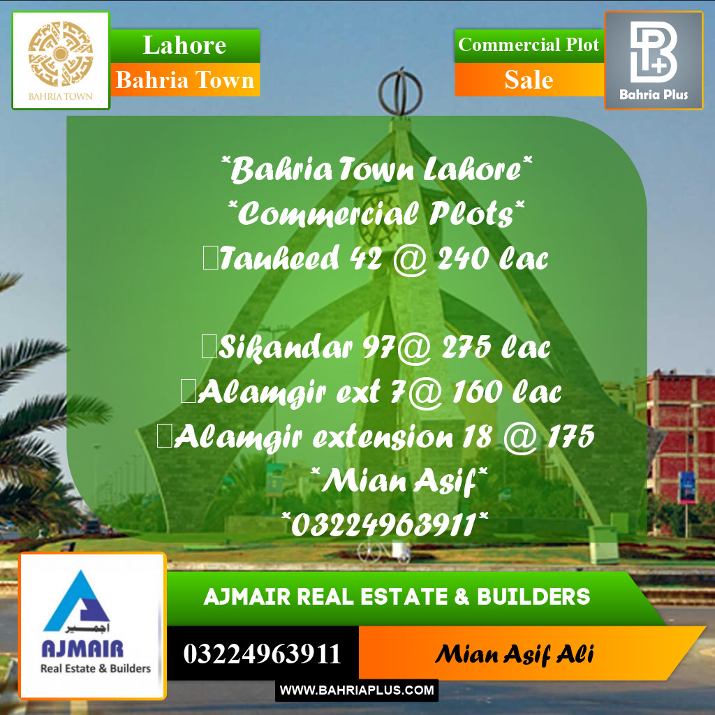 Commercial Plot for Sale in Sector F - Tauheed Commercial -  Bahria Town, Lahore - (BP-171513)