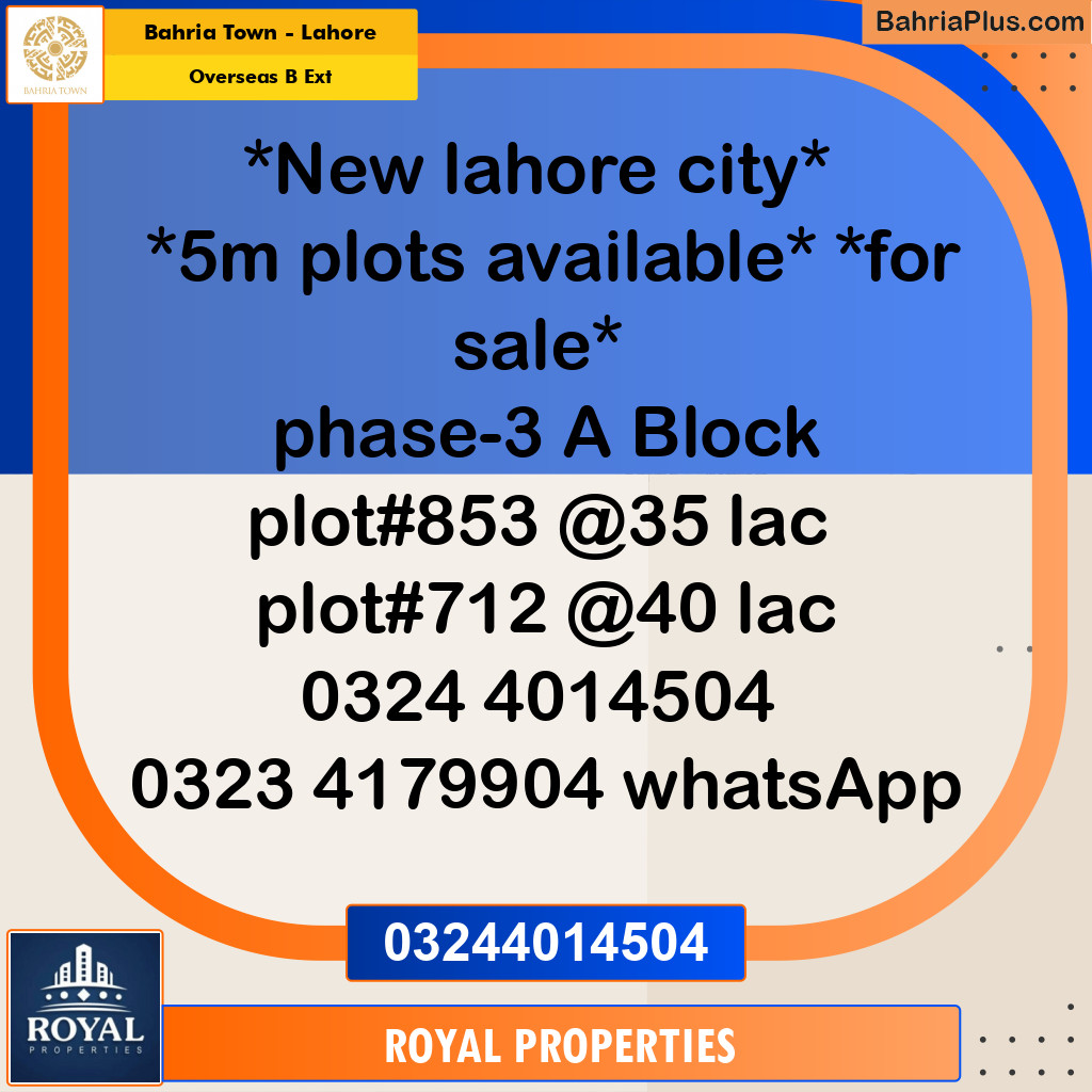 Residential Plot for Sale in Overseas B Ext -  Bahria Town, Lahore - (BP-171850)