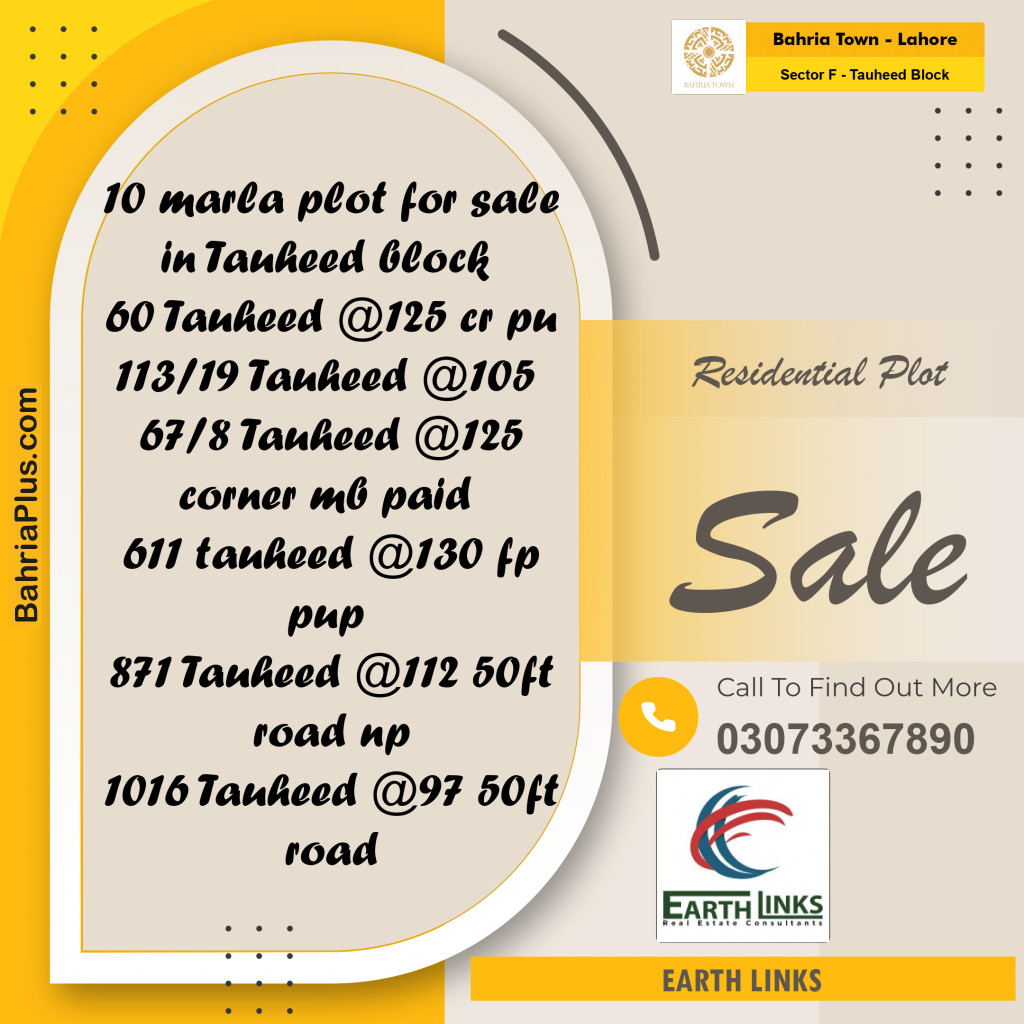 Residential Plot for Sale in Sector F - Tauheed Block -  Bahria Town, Lahore - (BP-171988)