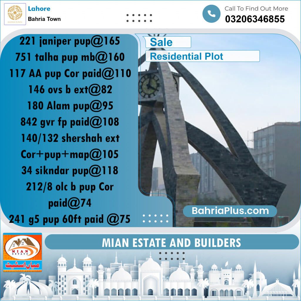 Residential Plot for Sale in Sector C - Janiper Block - Bahria Town, Lahore - (BP-172008)