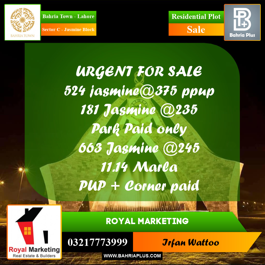 Residential Plot for Sale in Sector C - Jasmine Block - Bahria Town, Lahore - (BP-172095)