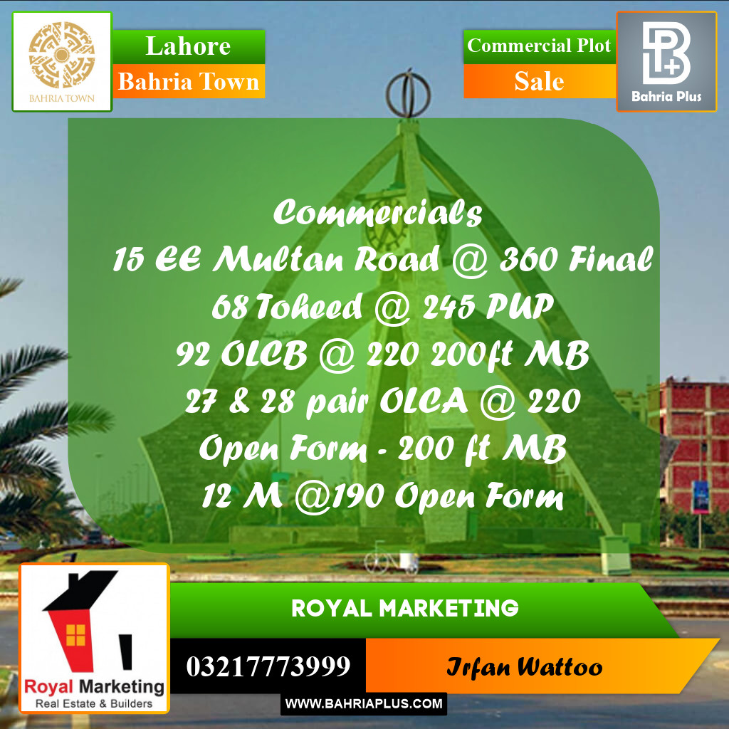 Commercial Plot for Sale in Sector D - EE Multan Block Commercial -  Bahria Town, Lahore - (BP-172136)