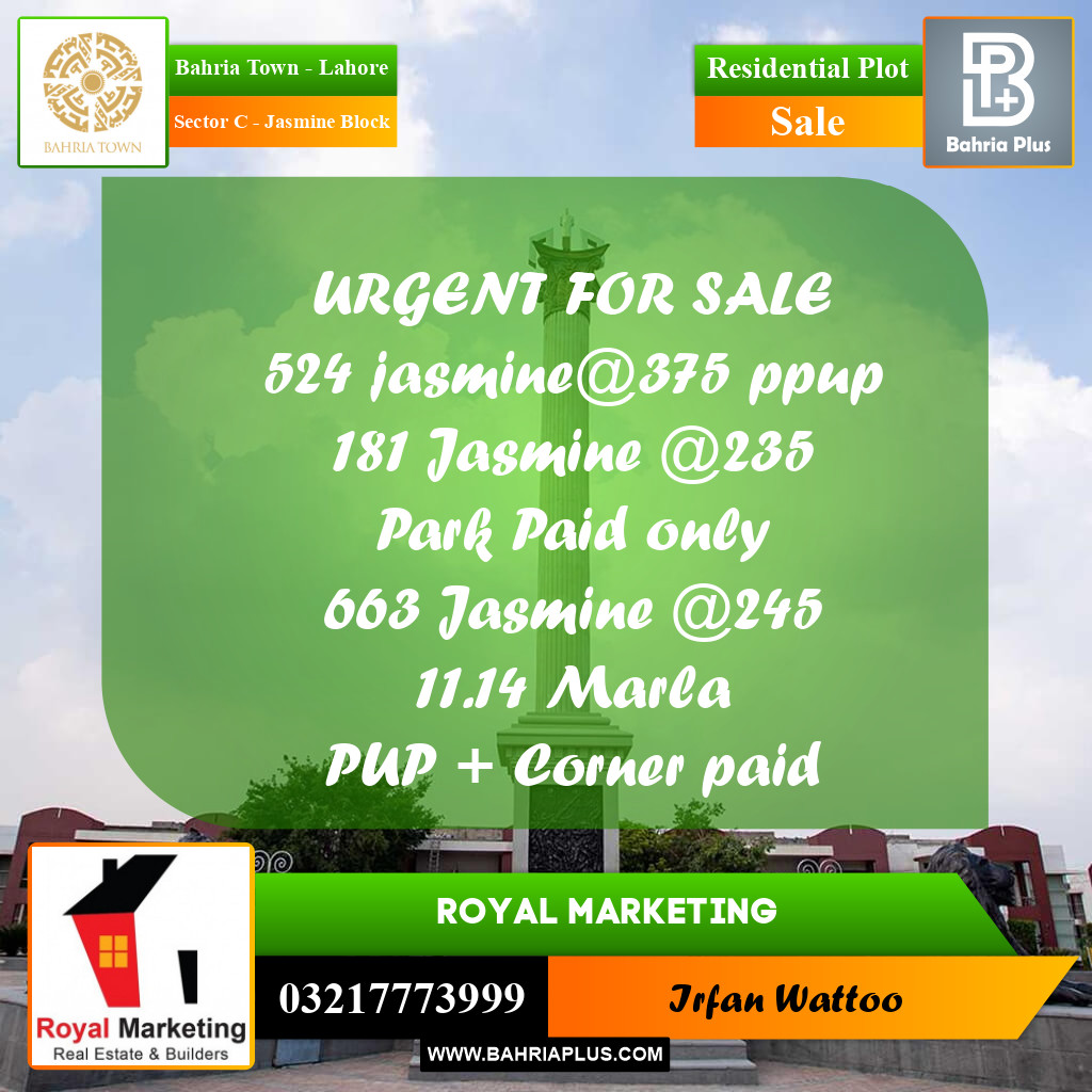 Residential Plot for Sale in Sector C - Jasmine Block - Bahria Town, Lahore - (BP-172455)