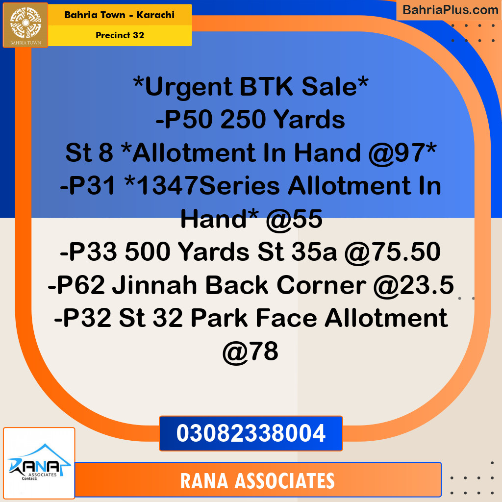 250 Sq. Yards Residential Plot for Sale in Precinct 32 -  Bahria Town, Karachi - (BP-172465)