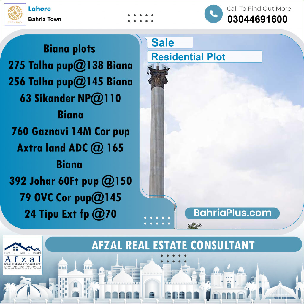 Residential Plot for Sale in Sector F - Talha Block - Bahria Town, Lahore - (BP-172511)