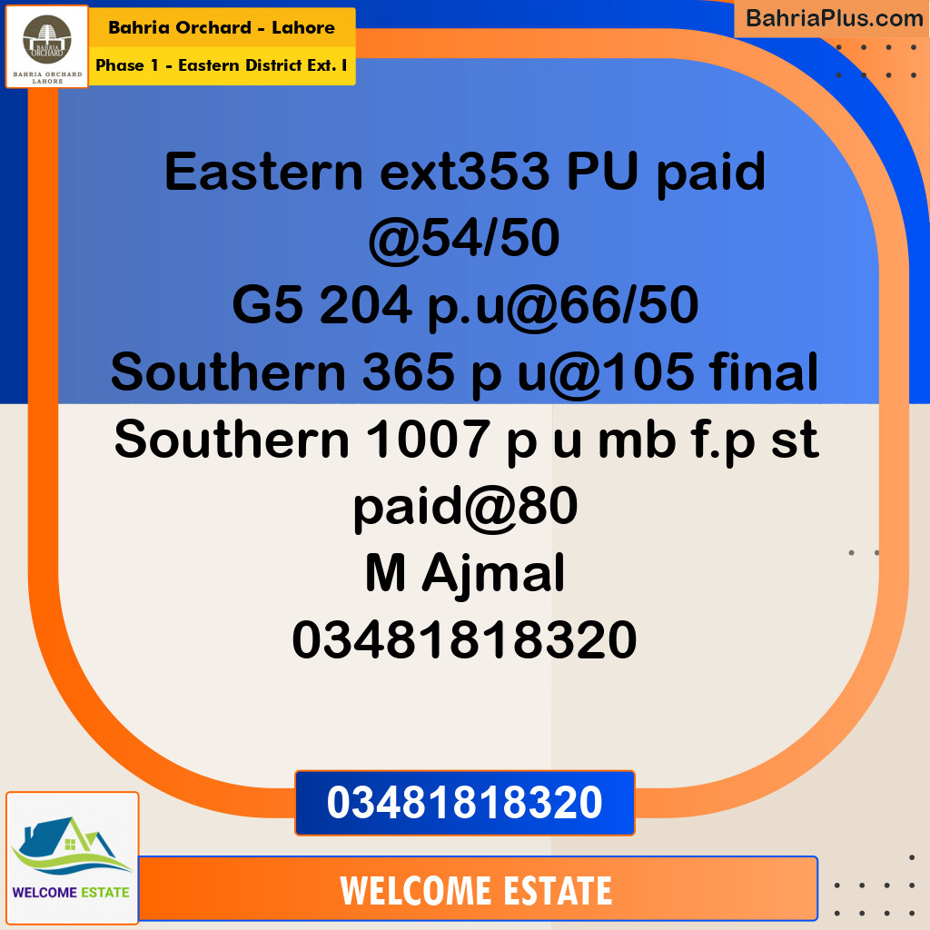 Residential Plot for Sale in Phase 1 - Eastern District Ext. I -  Bahria Orchard, Lahore - (BP-172561)