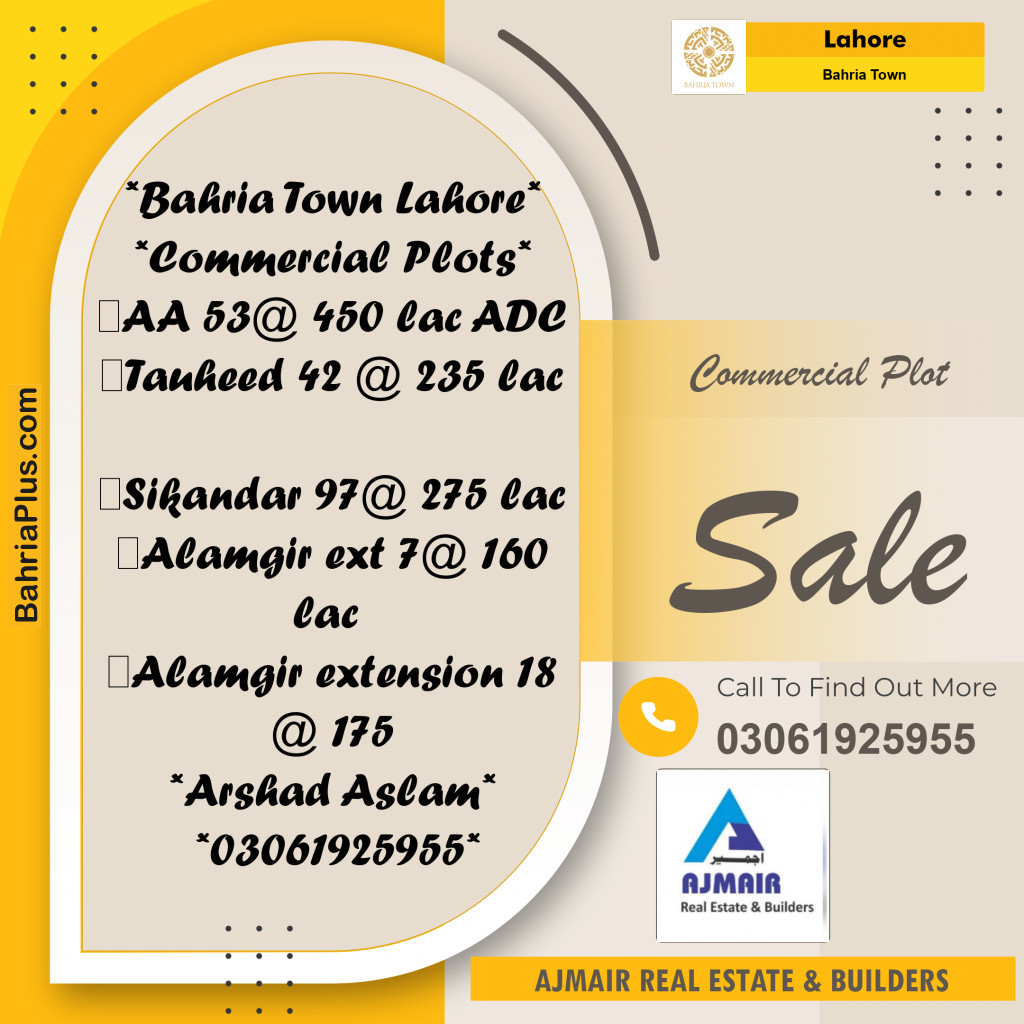 Commercial Plot for Sale in Sector F - Tauheed Commercial - Bahria Town, Lahore - (BP-172632)