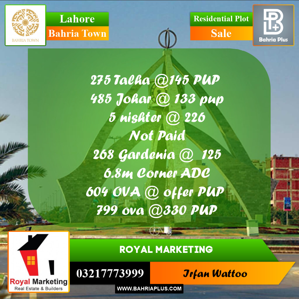 Residential Plot for Sale in Sector F - Talha Block -  Bahria Town, Lahore - (BP-172707)