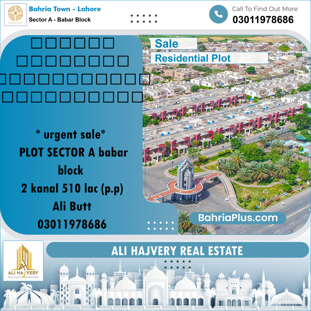 Residential Plot for Sale in Sector A - Babar Block - Bahria Town, Lahore - (BP-172735)