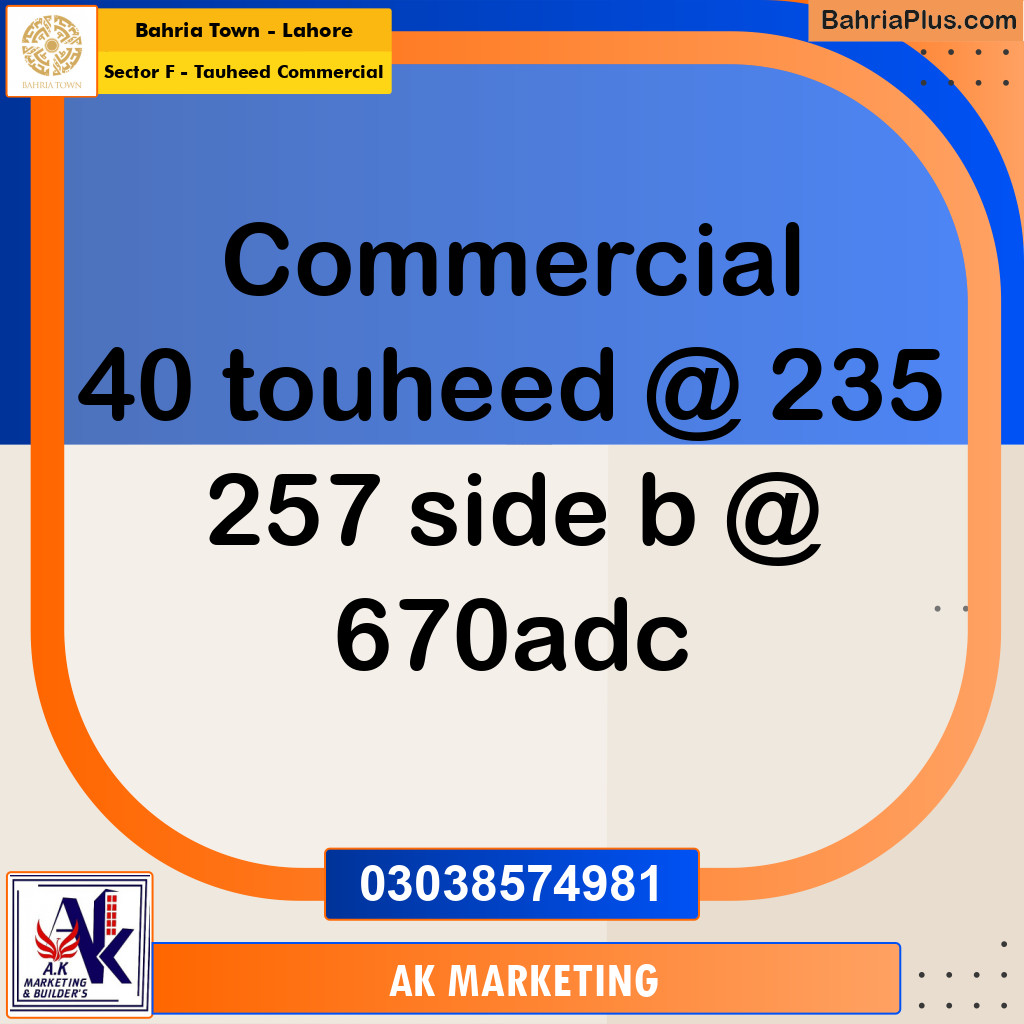 Commercial Plot for Sale in Sector F - Tauheed Commercial -  Bahria Town, Lahore - (BP-172915)
