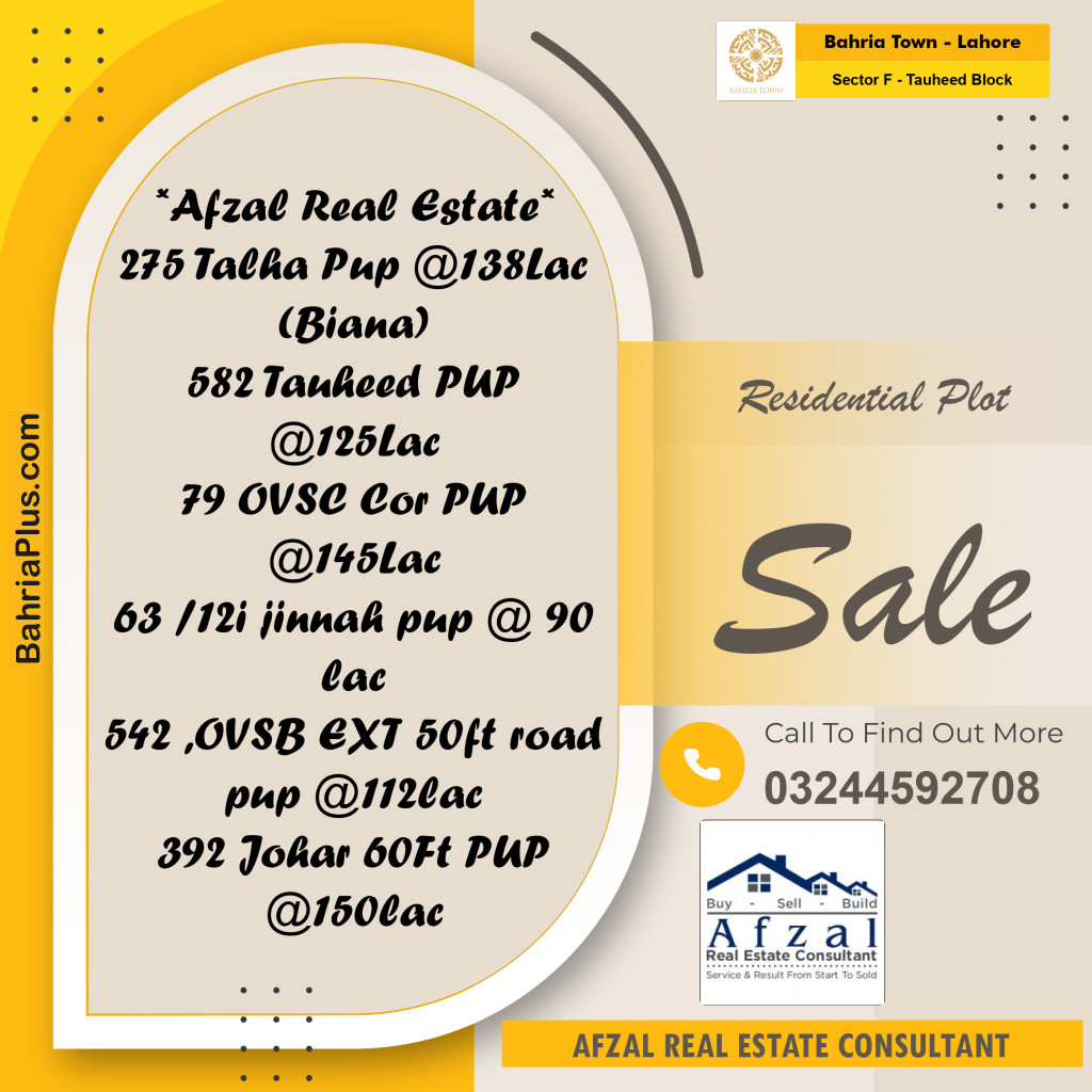Residential Plot for Sale in Sector F - Tauheed Block -  Bahria Town, Lahore - (BP-173269)