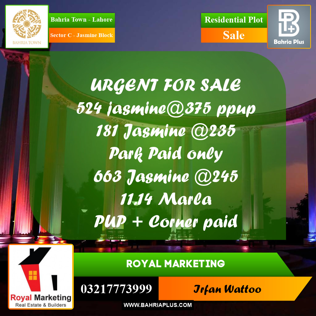 Residential Plot for Sale in Sector C - Jasmine Block -  Bahria Town, Lahore - (BP-173614)