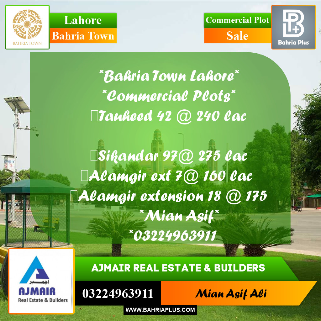 Commercial Plot for Sale in Sector F - Tauheed Commercial -  Bahria Town, Lahore - (BP-173746)
