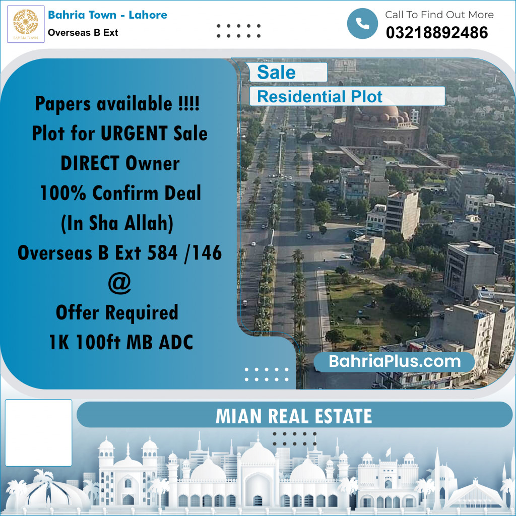 Residential Plot for Sale in Overseas B Ext -  Bahria Town, Lahore - (BP-173794)