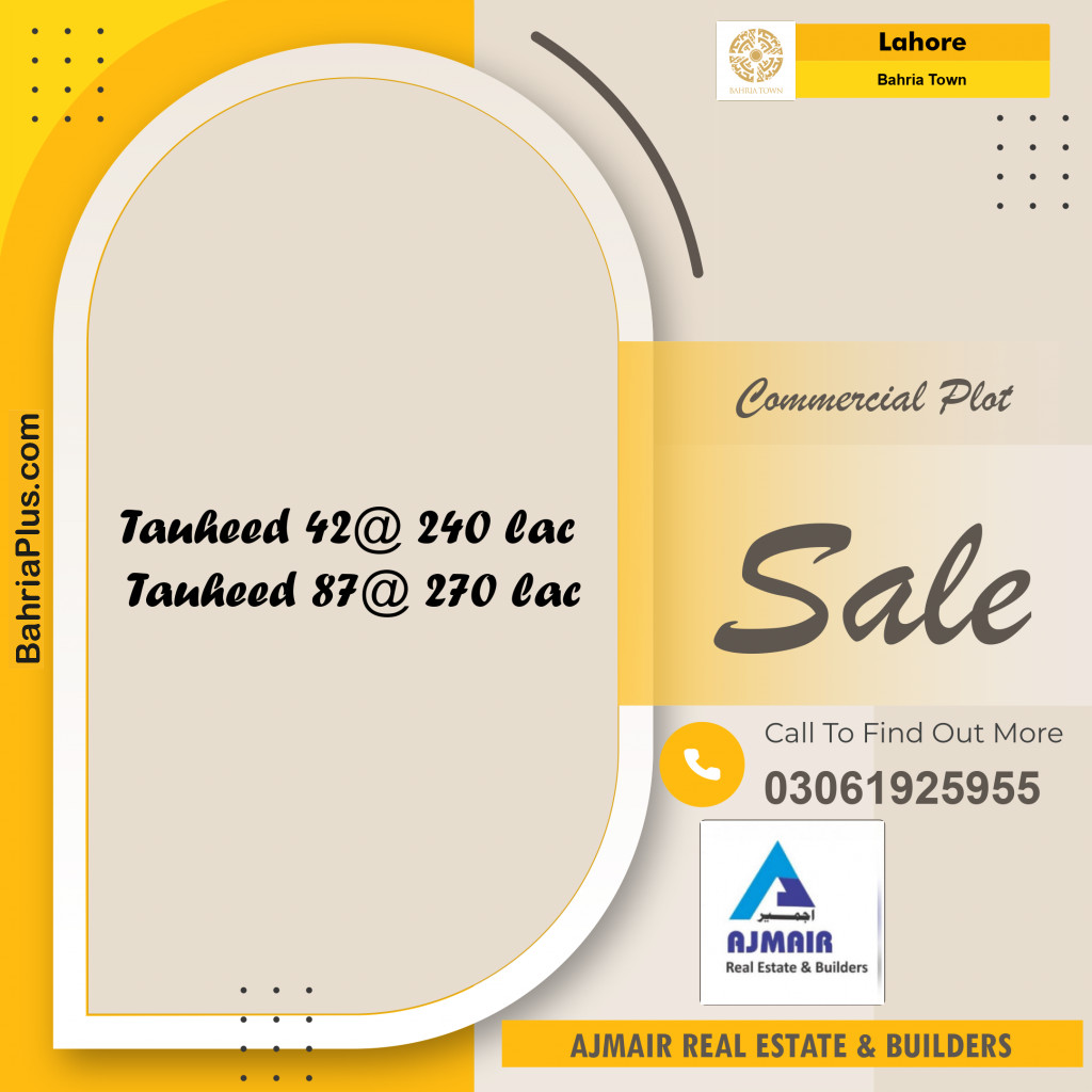 Commercial Plot for Sale in Sector F - Tauheed Block -  Bahria Town, Lahore - (BP-173887)
