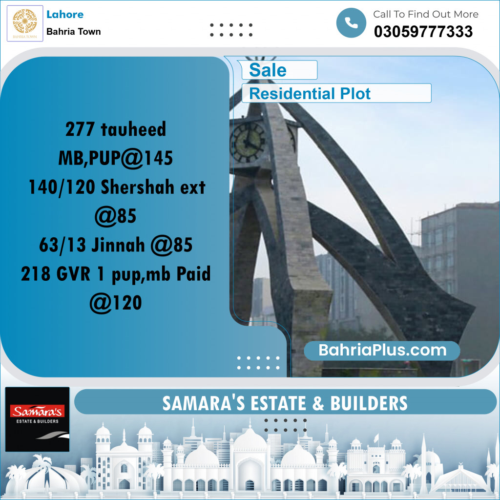 Residential Plot for Sale in Sector F - Tauheed Block -  Bahria Town, Lahore - (BP-174030)