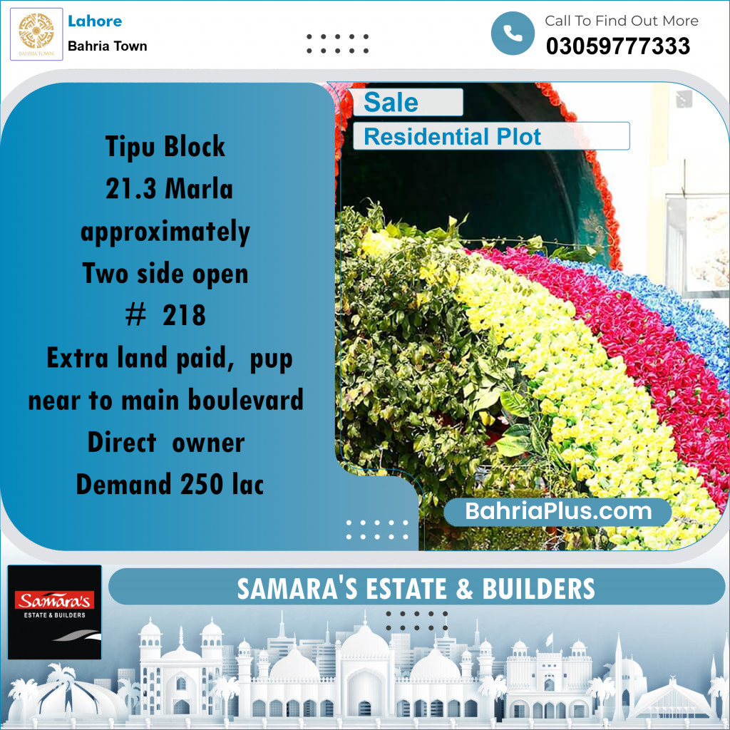 Residential Plot for Sale in Sector F - Tipu Sultan Block -  Bahria Town, Lahore - (BP-174034)