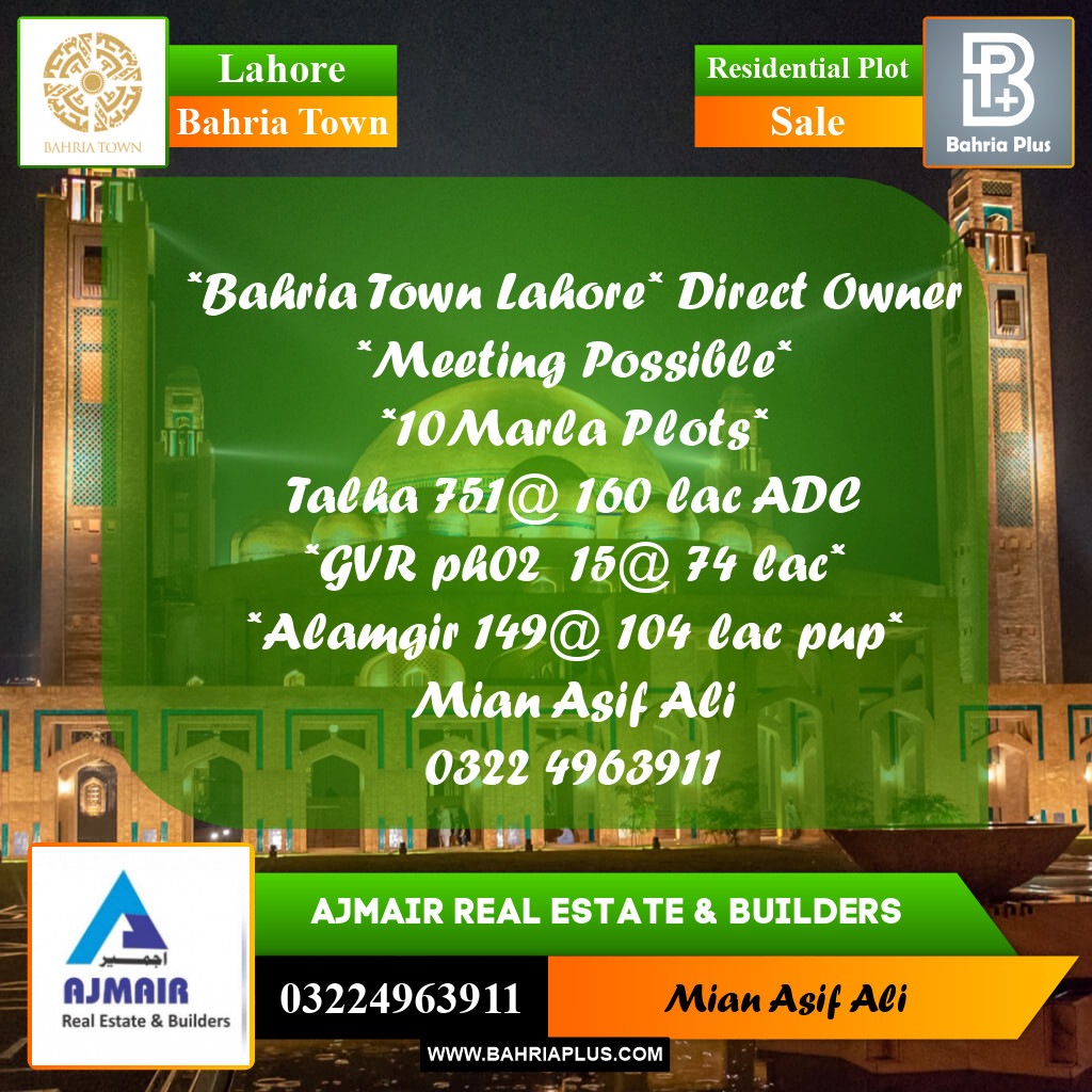 Residential Plot for Sale in Sector F - Talha Block - Bahria Town, Lahore - (BP-174068)
