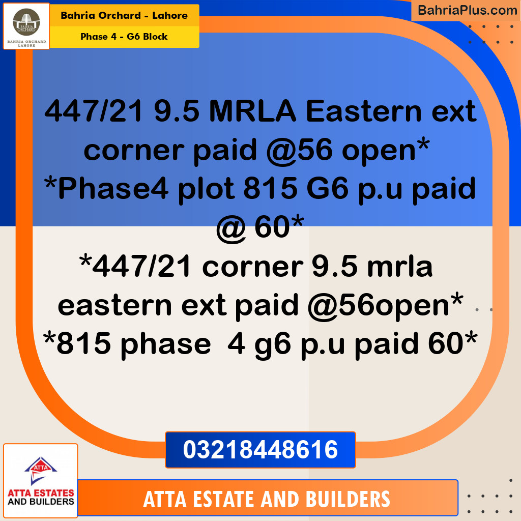 Residential Plot for Sale in Phase 4 - G6 Block -  Bahria Orchard, Lahore - (BP-174201)