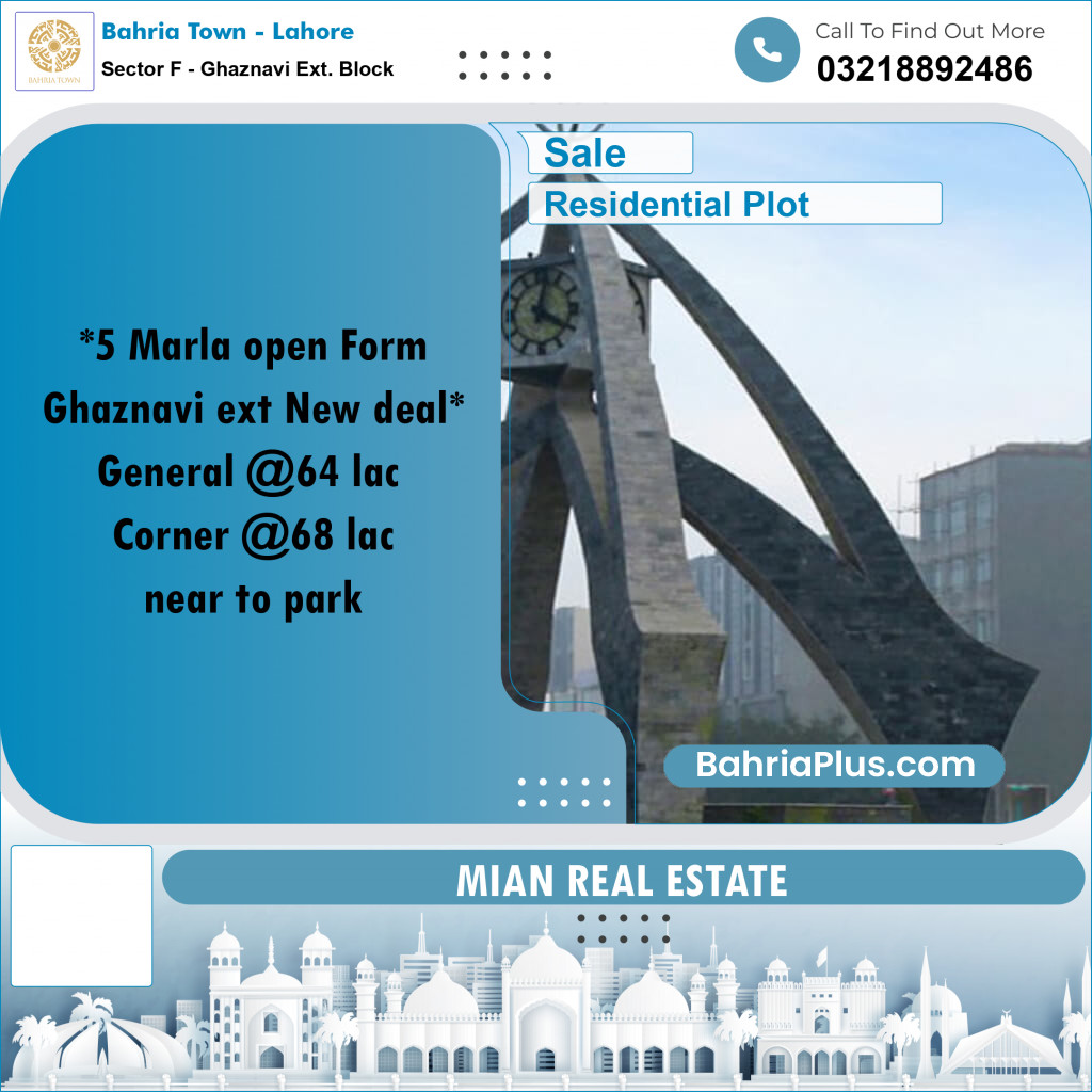Residential Plot for Sale in Sector F - Ghaznavi Ext. Block -  Bahria Town, Lahore - (BP-174379)