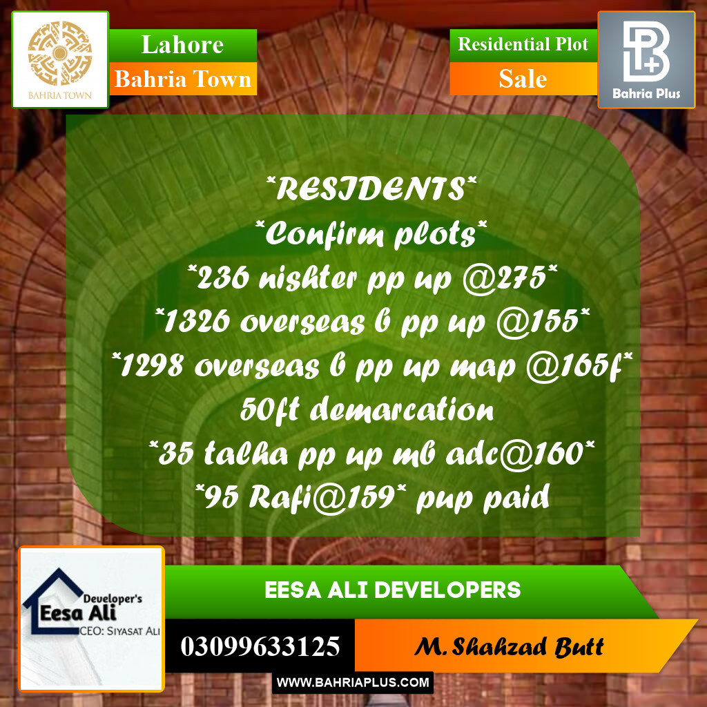 Residential Plot for Sale in Sector E - Nishtar Block -  Bahria Town, Lahore - (BP-174391)