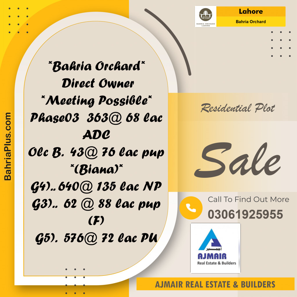 Residential Plot for Sale in Phase 3 -  Bahria Orchard, Lahore - (BP-174664)