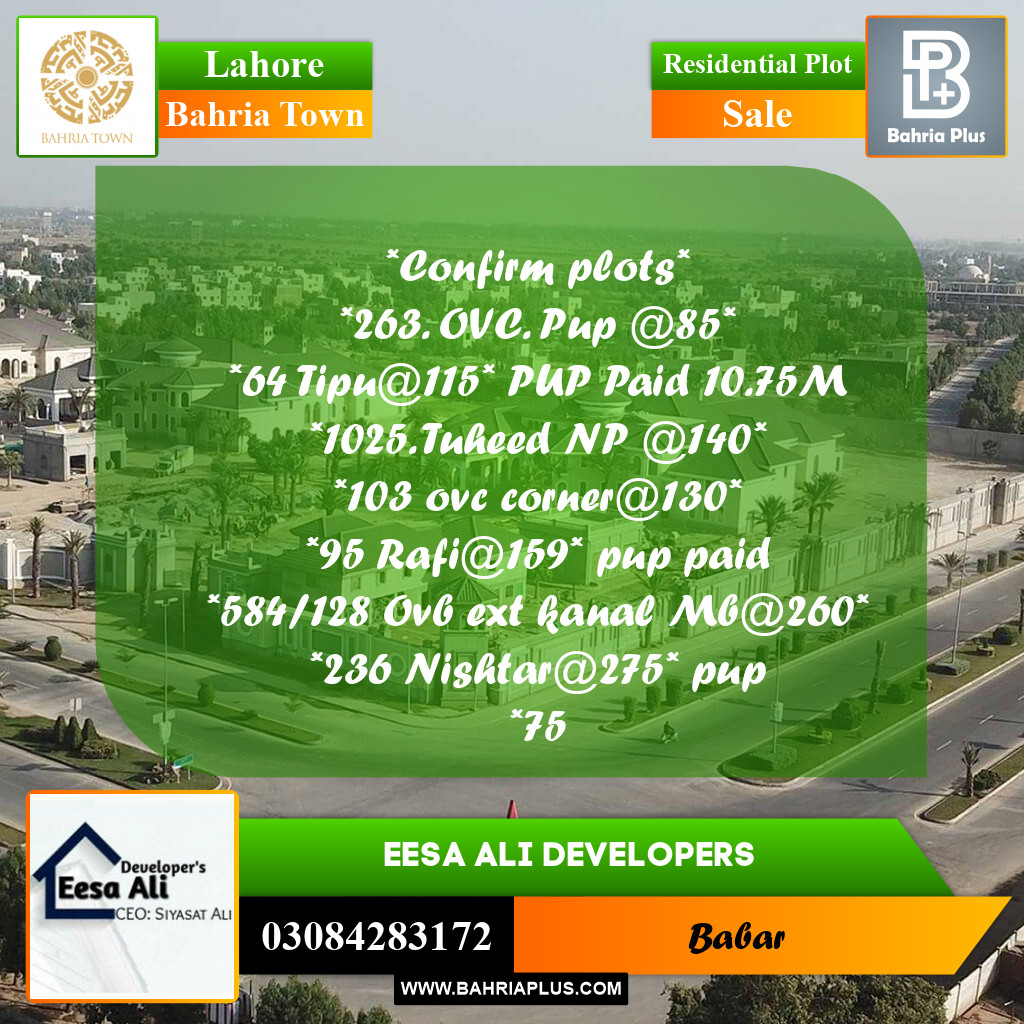 Residential Plot for Sale in Overseas C -  Bahria Town, Lahore - (BP-174718)