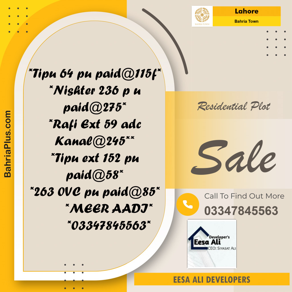 Residential Plot for Sale in Sector F - Tipu Sultan Block -  Bahria Town, Lahore - (BP-174721)