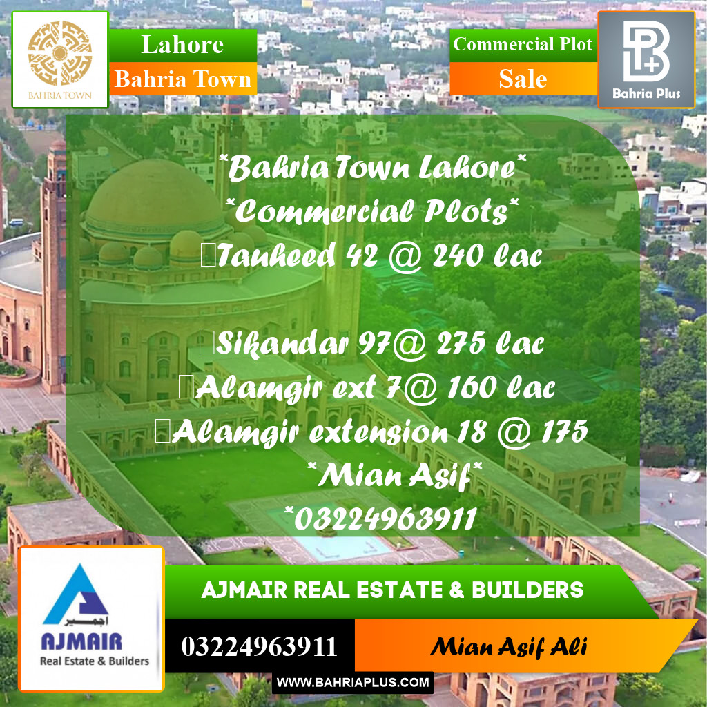 Commercial Plot for Sale in Sector F - Tauheed Commercial -  Bahria Town, Lahore - (BP-175044)