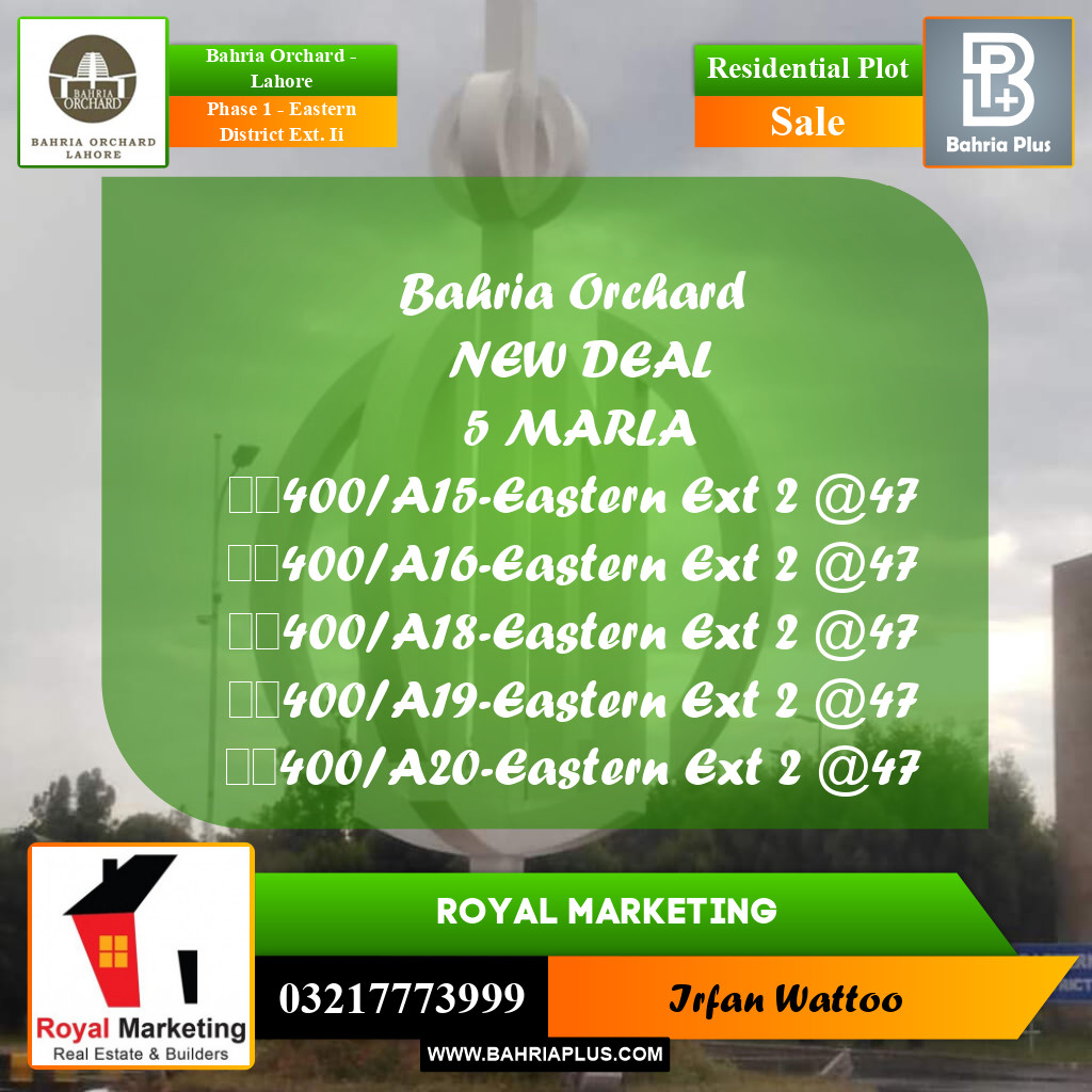 Residential Plot for Sale in Phase 1 - Eastern District Ext. II -  Bahria Orchard, Lahore - (BP-175140)