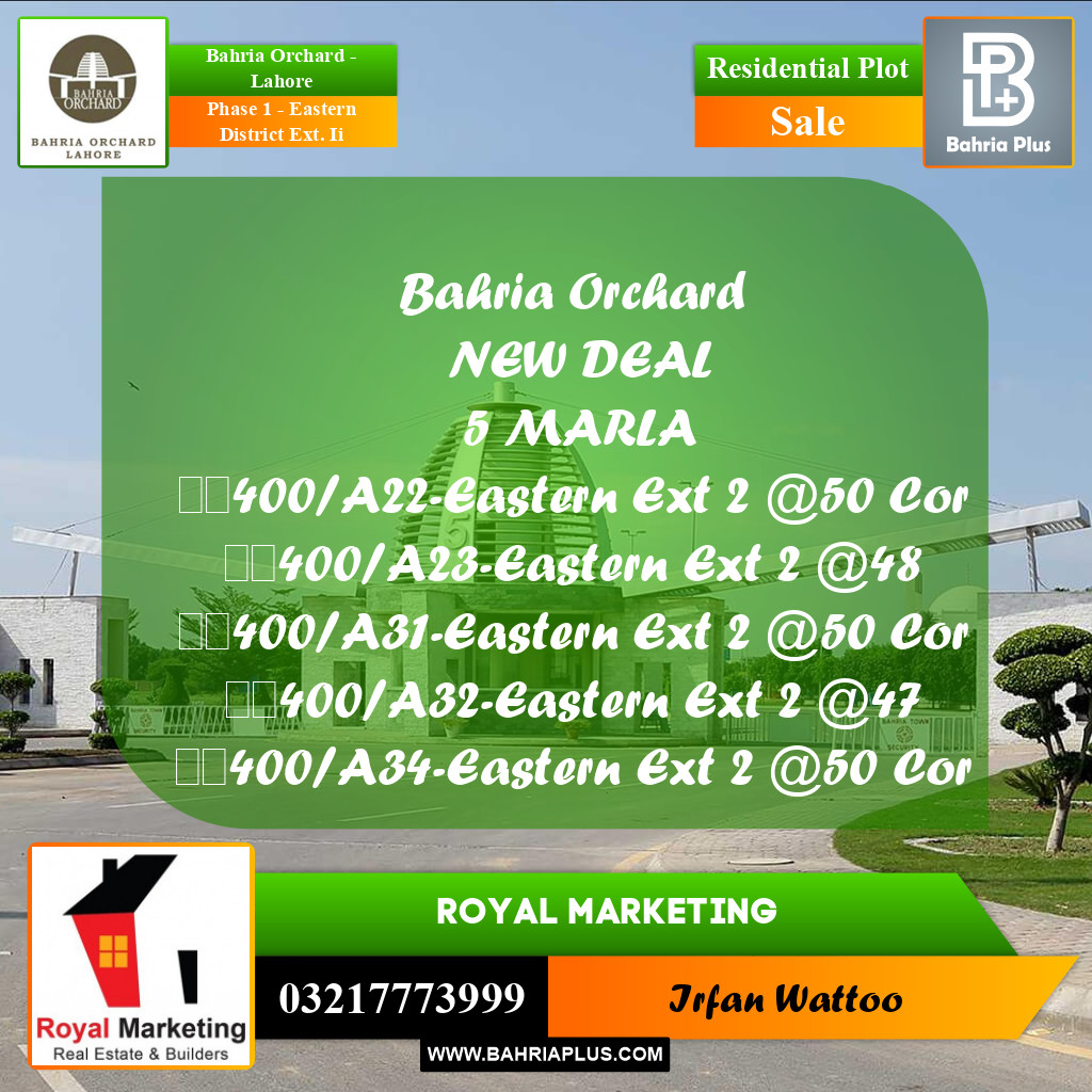Residential Plot for Sale in Phase 1 - Eastern District Ext. II - Bahria Orchard, Lahore - (BP-175141)
