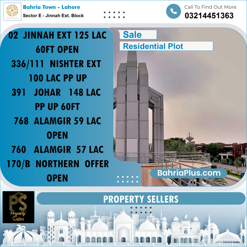 Residential Plot for Sale in Sector E - Jinnah Ext. Block -  Bahria Town, Lahore - (BP-175229)