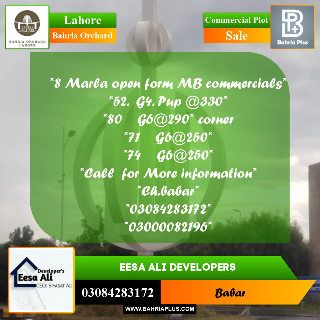 Commercial Plot for Sale in Phase 4 - G4 Block -  Bahria Orchard, Lahore - (BP-175304)